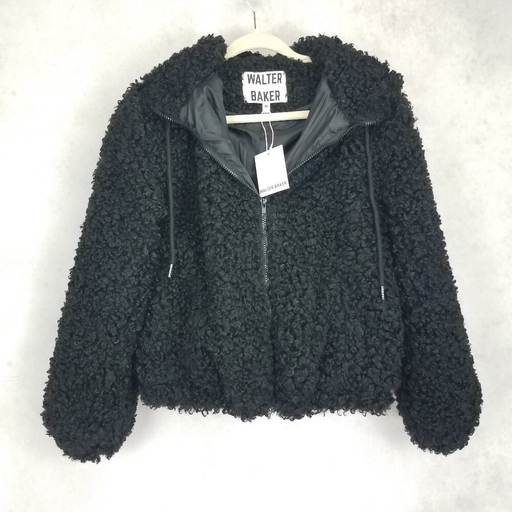 NWT Walter Baker Amanda Bomber Jacket Fuzzy Teddy Black Faux Shearling Teddy M
